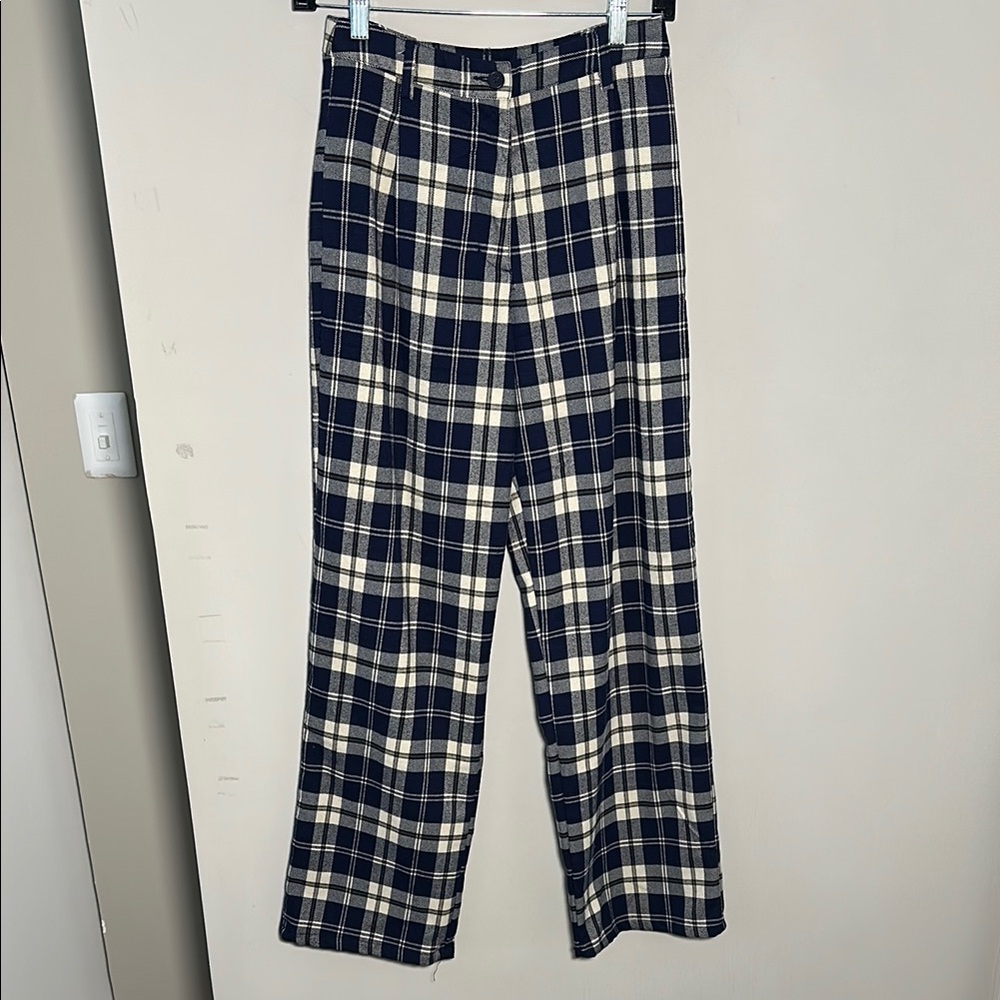 Brandy Melville tan with navy Blue plaid trouser Dress Pants